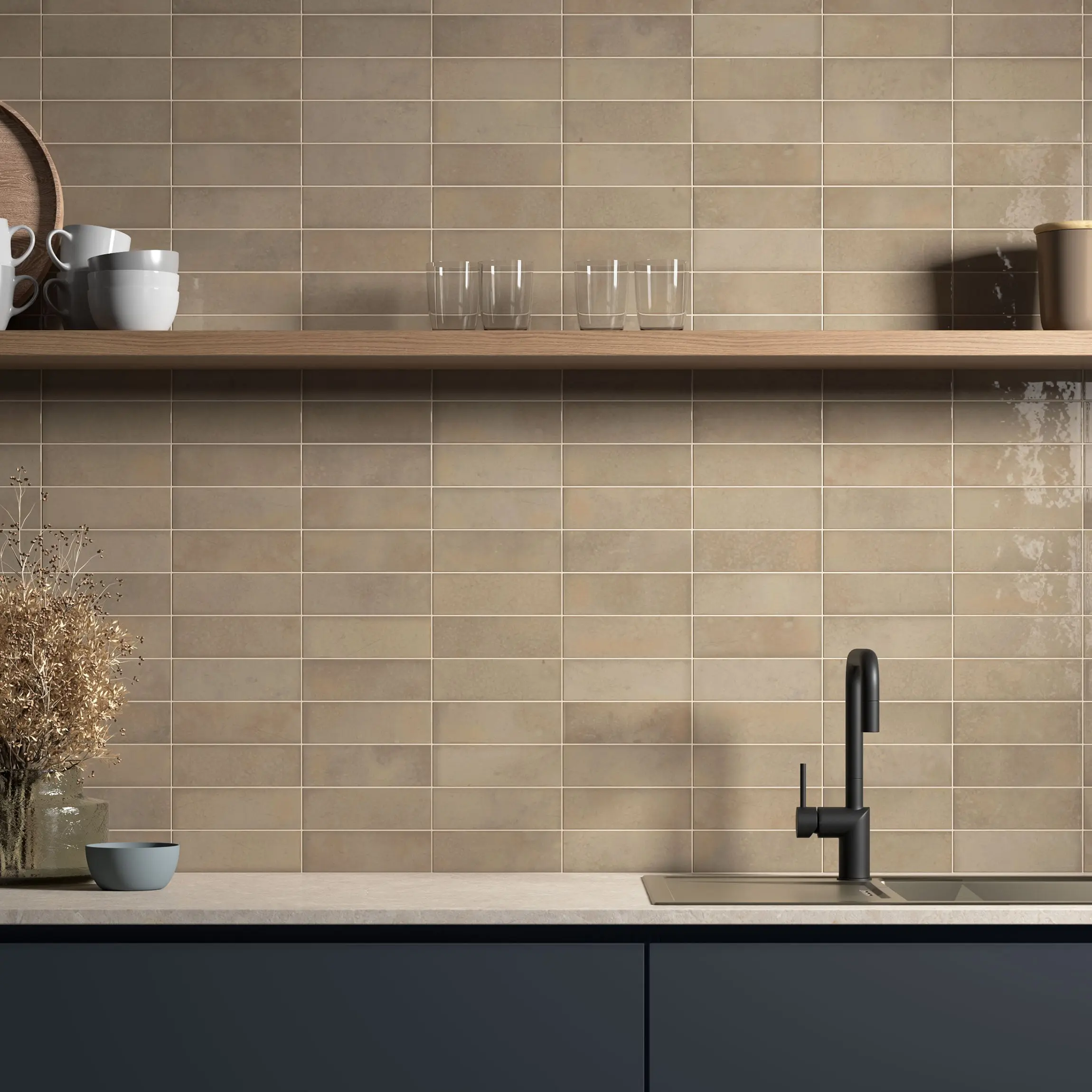 Bohemian Mink Taupe Brick Effect Gloss Porcelain Wall Tile