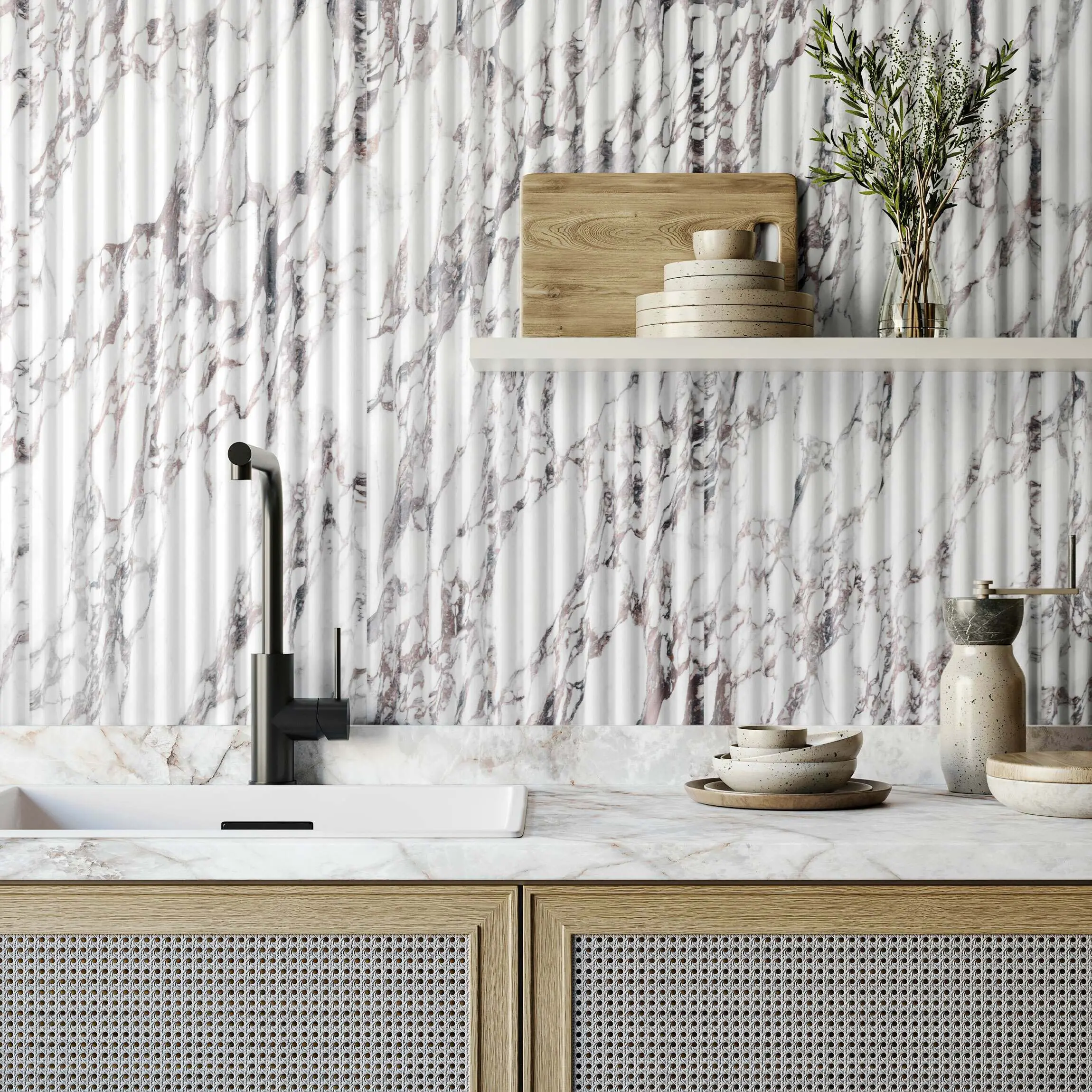 Indulgence White Calacatta Viola Marble Effect Reeded Decor Wall Tiles