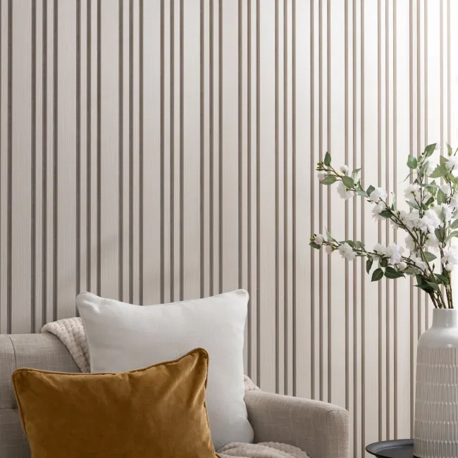 Trepanel Design® Light Oak on Antique White Felt Multi Width Acoustic Wood Slat Panels