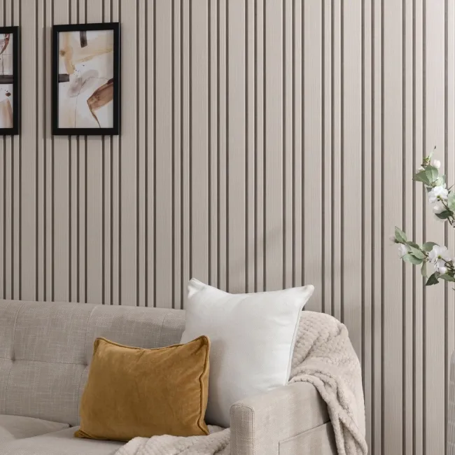 Trepanel Design® Light Oak on Antique White Felt Multi Width Acoustic Wood Slat Panels