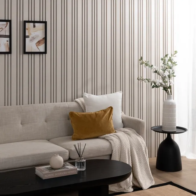 Trepanel Design® Light Oak on Antique White Felt Multi Width Acoustic Wood Slat Panels