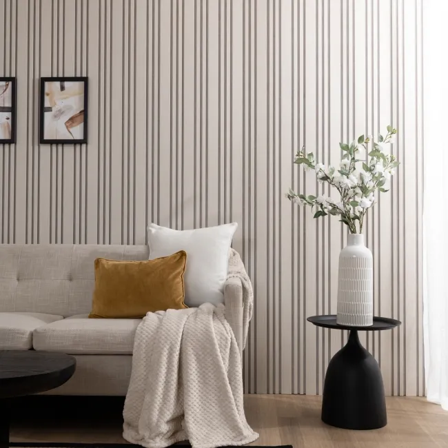 Trepanel Design® Light Oak on Antique White Felt Multi Width Acoustic Wood Slat Panels