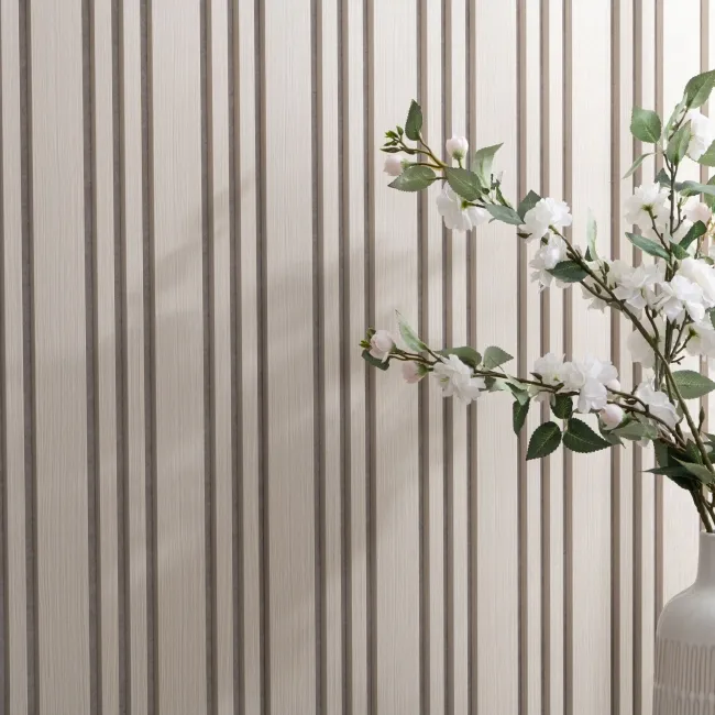 Trepanel Design® Light Oak on Antique White Felt Multi Width Acoustic Wood Slat Panels