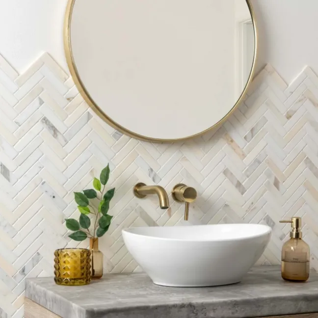 Carrara Gold Herringbone Marble Effect Mosaic Natural Tiles
