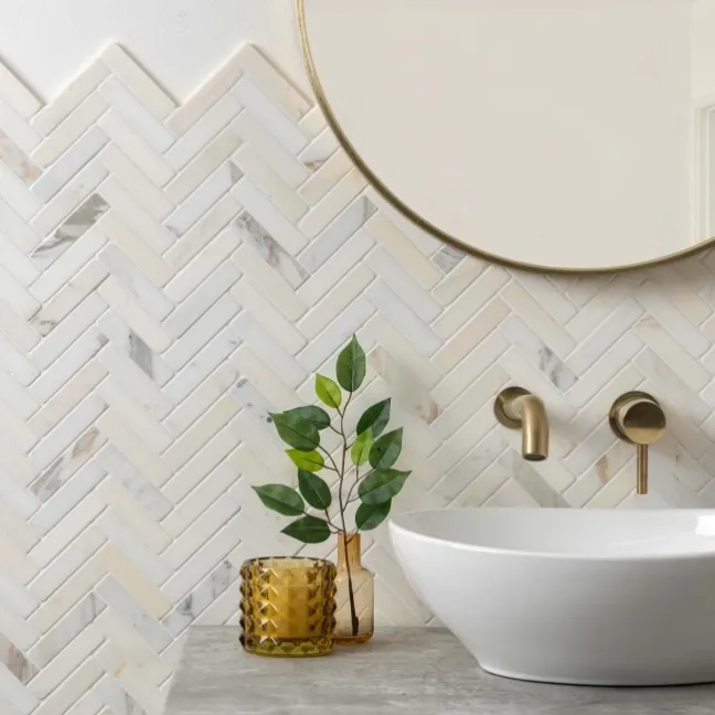Carrara Gold Herringbone Marble Effect Mosaic Natural Tiles