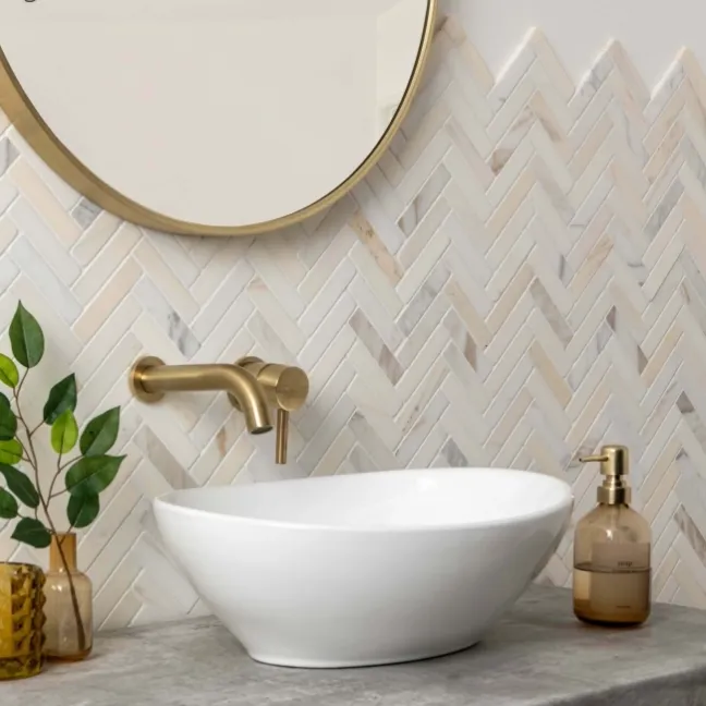 Carrara Gold Herringbone Marble Effect Mosaic Natural Tiles