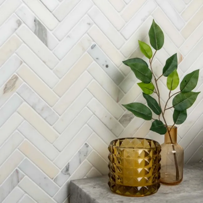 Carrara Gold Herringbone Marble Effect Mosaic Natural Tiles