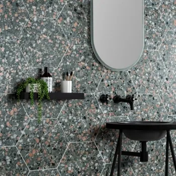 Terrazzo Hexagon Mineral Green 32x37 Porcelain Tile