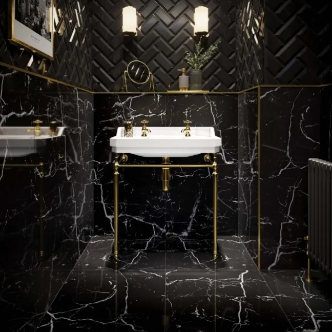 Marquina Black Polished Marble Effect 60x60 Wall and Floor Tiles