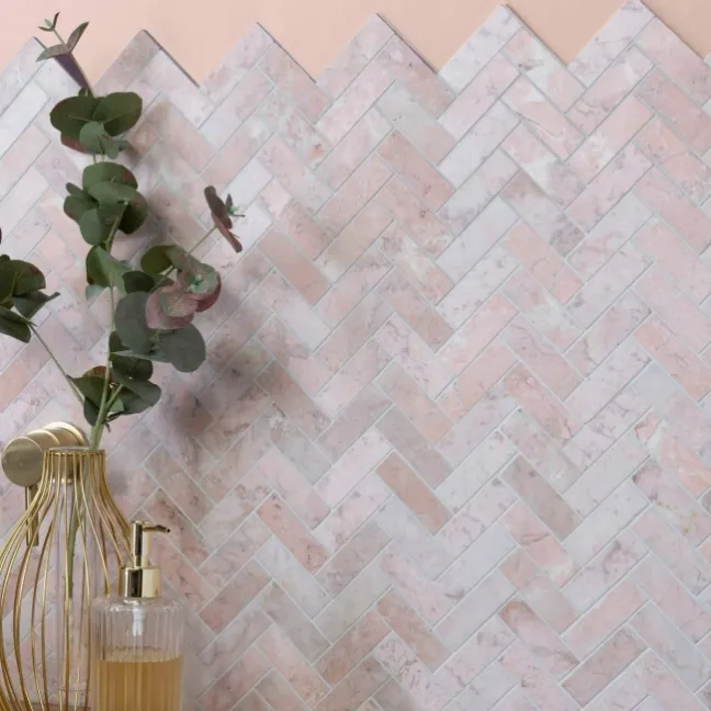 Himalayan Pink Honed Marble Herringbone Mosaic Wall Tiles