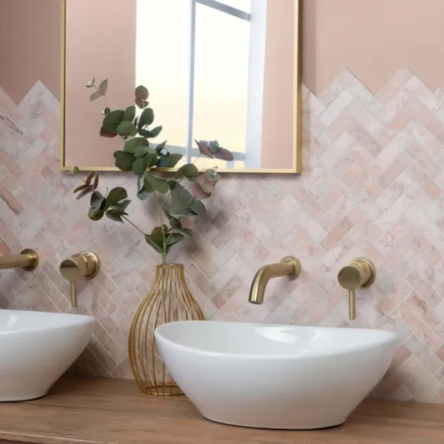 Himalayan Pink Honed Marble Herringbone Mosaic Wall Tiles
