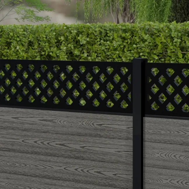 LuxeLine® Classic Straight Top Lattice Design Screen with Light Grey Composite Fence Panels & Aluminium Post 90cm