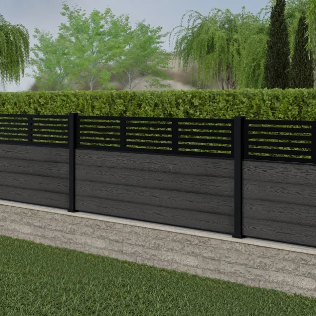 LuxeLine® Classic Straight Top Slat Design Screen with Dark Grey Composite Fence Panels & Aluminium Post 90cm