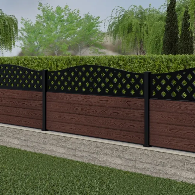 LuxeLine® Classic Curve Top Lattice Design Screen with Walnut Composite Fence Panels & Aluminium Post 90cm