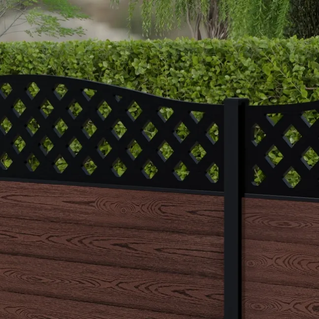LuxeLine® Classic Curve Top Lattice Design Screen with Walnut Composite Fence Panels & Aluminium Post 90cm