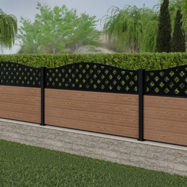 LuxeLine® Classic Curve Top Lattice Design Screen with Teak Composite Fence Panels & Aluminium Post 90cm