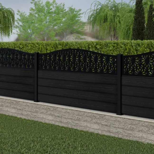 LuxeLine® Classic Curve Top Floral Design Screen with Black Composite Fence Panels & Aluminium Post 90cm