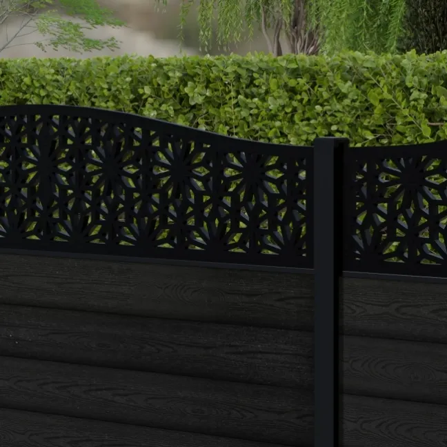 LuxeLine® Classic Curve Top Floral Design Screen with Black Composite Fence Panels & Aluminium Post 90cm
