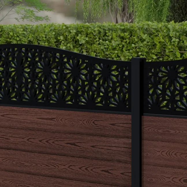 LuxeLine® Classic Curve Top Floral Design Screen with Walnut Composite Fence Panels & Aluminium Post 90cm