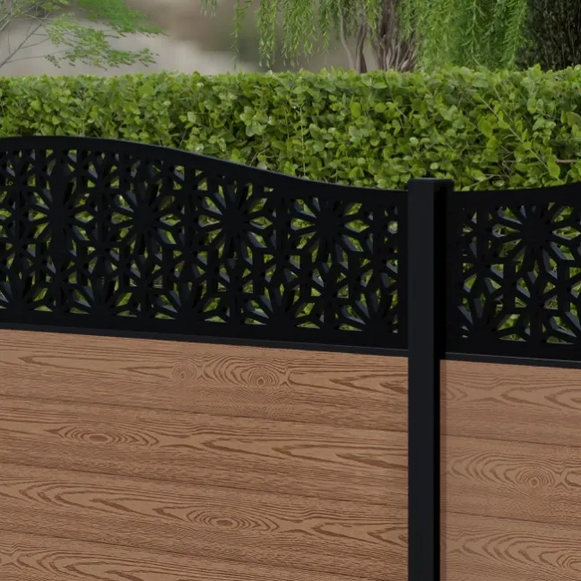 LuxeLine® Classic Curve Top Floral Design Screen with Teak Composite Fence Panels & Aluminium Post 90cm