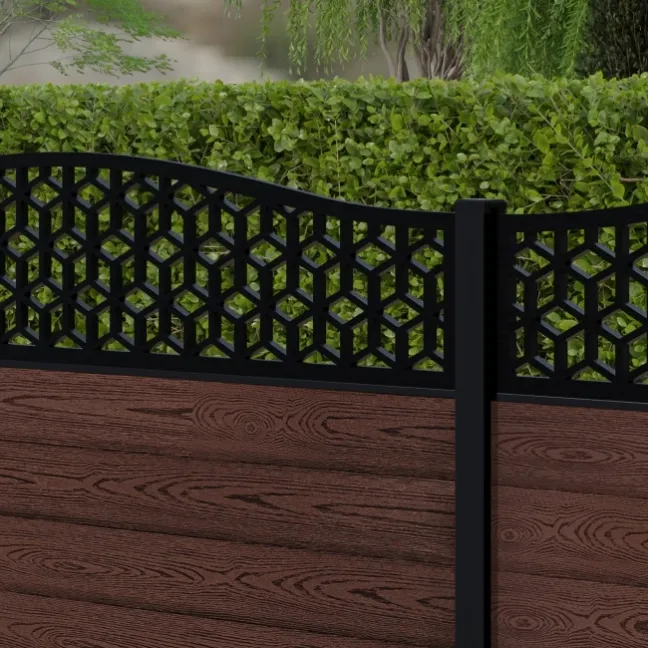 LuxeLine® Classic Curve Top Geometric Design Screen with Walnut Composite Fence Panels & Aluminium Post 90cm