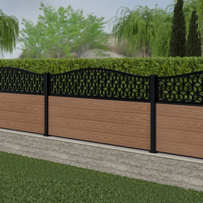 LuxeLine® Classic Curve Top Geometric Design Screen with Teak Composite Fence Panels & Aluminium Post 90cm