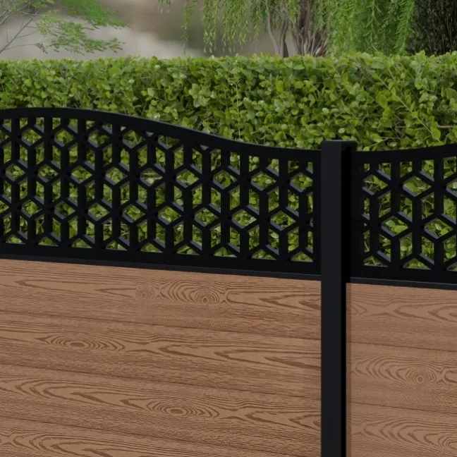 LuxeLine® Classic Curve Top Geometric Design Screen with Teak Composite Fence Panels & Aluminium Post 90cm