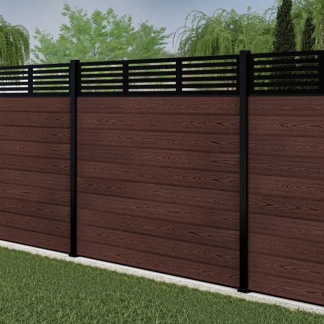 LuxeLine® Classic Straight Top Slat Design Screen with Walnut Composite Fence Panels & Aluminium Post 180cm
