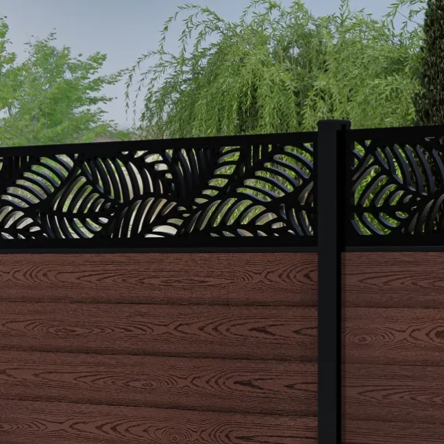 LuxeLine® Classic Straight Top Jungle Design Screen with Walnut Composite Fence Panels & Aluminium Post 180cm