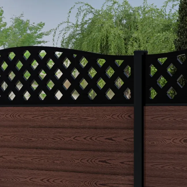 LuxeLine® Classic Curve Top Lattice Design Screen with Walnut Composite Fence Panels & Aluminium Post 180cm