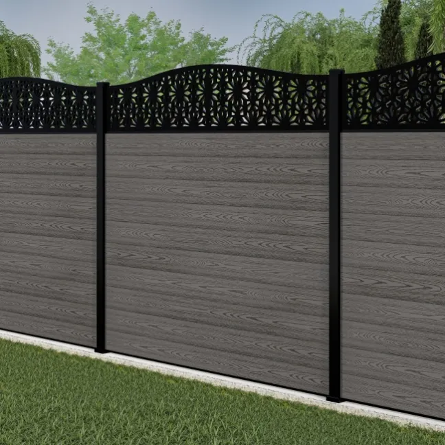 LuxeLine® Classic Curve Top Floral Design Screen with Light Grey Composite Fence Panels & Aluminium Post 180cm