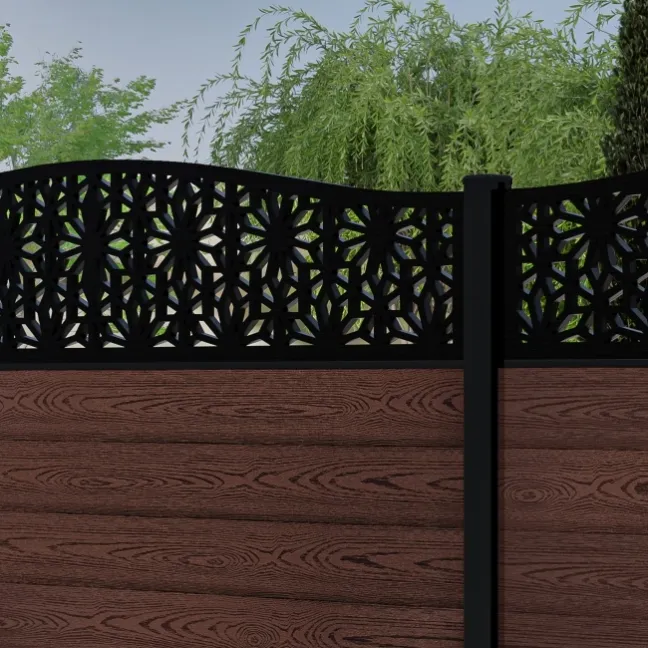 LuxeLine® Classic Curve Top Floral Design Screen with Walnut Composite Fence Panels & Aluminium Post 180cm