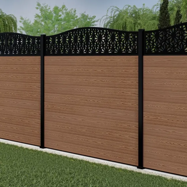 LuxeLine® Classic Curve Top Floral Design Screen with Teak Composite Fence Panels & Aluminium Post 180cm