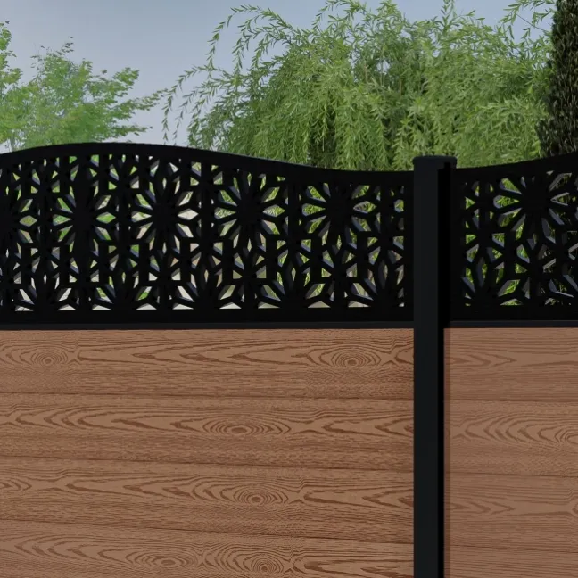 LuxeLine® Classic Curve Top Floral Design Screen with Teak Composite Fence Panels & Aluminium Post 180cm