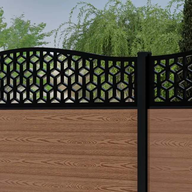 LuxeLine® Classic Curve Top Geometric Design Screen with Teak Composite Fence Panels & Aluminium Post 180cm