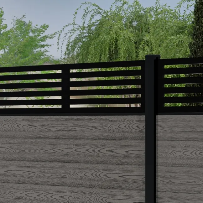LuxeLine® Classic Straight Top Slat Design Screen with Light Grey Composite Fence Panels & Buried Aluminium Post 180cm