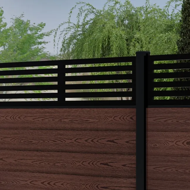 LuxeLine® Classic Straight Top Slat Design Screen with Walnut Composite Fence Panels & Buried Aluminium Post 180cm