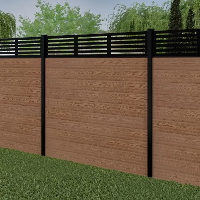 LuxeLine® Classic Straight Top Slat Design Screen with Teak Composite Fence Panels & Buried Aluminium Post 180cm