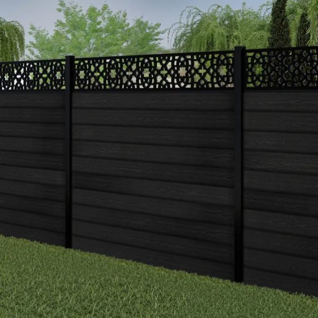LuxeLine® Classic Straight Top Moroccan Design Screen with Black Composite Fence Panels & Buried Aluminium Post 180cm