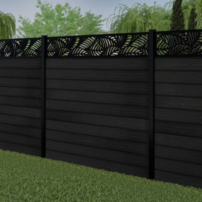 LuxeLine® Classic Straight Top Jungle Design Screen with Black Composite Fence Panels & Buried Aluminium Post 180cm