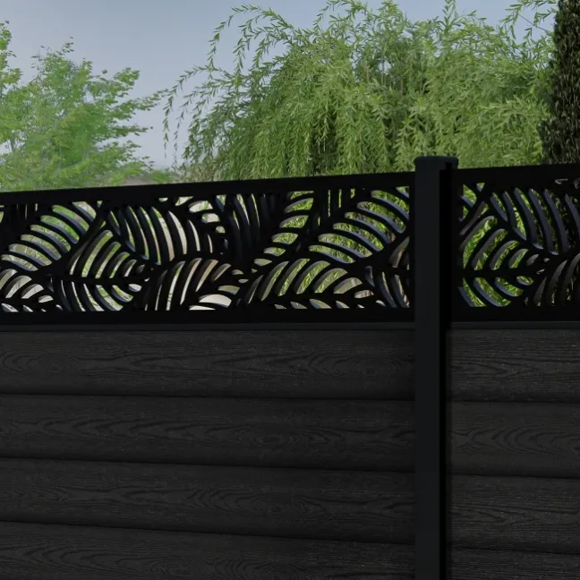 LuxeLine® Classic Straight Top Jungle Design Screen with Black Composite Fence Panels & Buried Aluminium Post 180cm