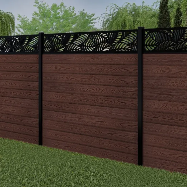 LuxeLine® Classic Straight Top Jungle Design Screen with Walnut Composite Fence Panels & Buried Aluminium Post 180cm