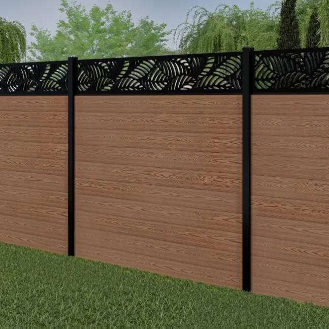 LuxeLine® Classic Straight Top Jungle Design Screen with Teak Composite Fence Panels & Buried Aluminium Post 180cm