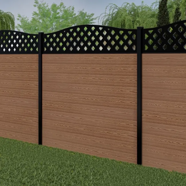 LuxeLine® Classic Curve Top Lattice Design Screen with Teak Composite Fence Panels & Buried Aluminium Post 180cm