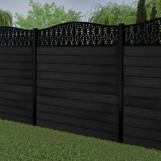 LuxeLine® Classic Curve Top Floral Design Screen with Black Composite Fence Panels & Buried Aluminium Post 180cm