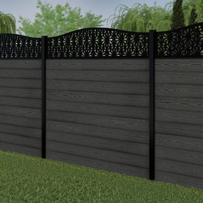 LuxeLine® Classic Curve Top Floral Design Screen with Dark Grey Composite Fence Panels & Buried Aluminium Post 180cm