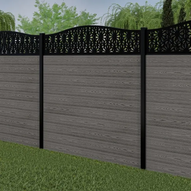 LuxeLine® Classic Curve Top Floral Design Screen with Light Grey Composite Fence Panels & Buried Aluminium Post 180cm