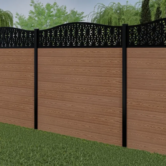 LuxeLine® Classic Curve Top Floral Design Screen with Teak Composite Fence Panels & Buried Aluminium Post 180cm