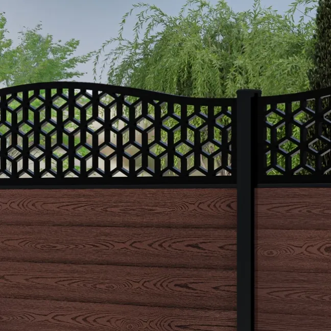 LuxeLine® Classic Curve Top Geometric Design Screen with Walnut Composite Fence Panels & Buried Aluminium Post 180cm