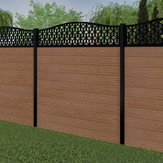 LuxeLine® Classic Curve Top Geometric Design Screen with Teak Composite Fence Panels & Buried Aluminium Post 180cm